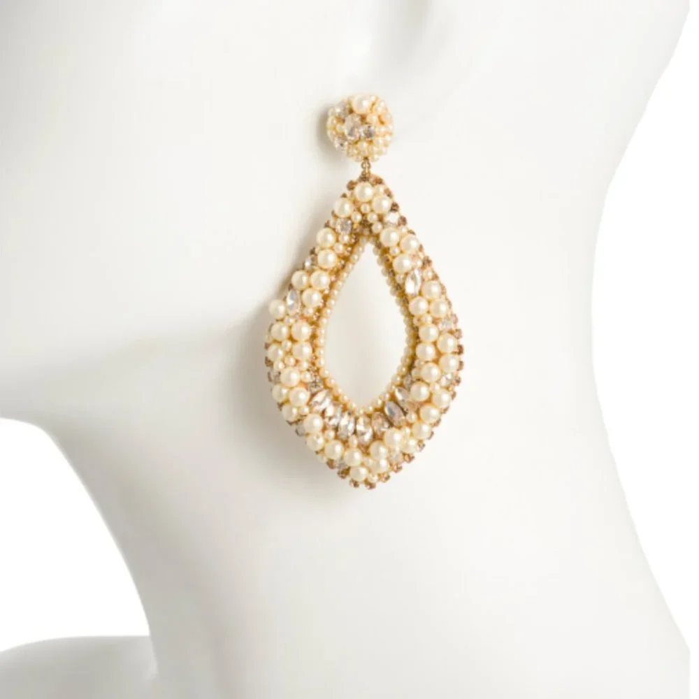 Deepa Gurnani Pearl & Rhinestone Statement Chandelier Earrings Ivory NWT - Picture 2 of 14